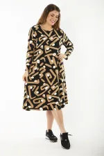Kadın Büyük Beden Renkli Uzun Kollu Desenli Elbise 65N37189