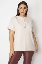 Kadın Taş Yakası Kuşgözü Bağcık Detaylı Yanları Sim Şeritli Dıuble Kollu Tunik 65N29614