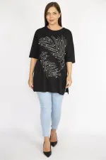 Kadın Büyük Beden Siyah Taş Ve İnci İşli Bisiklet Yakalı Yan Yırtmaçlı Bluz