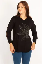 Kadın Bordo Kol Dekolteli Taş Detaylı Bluz 65N34764