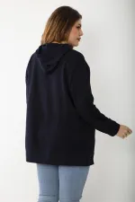 Women's Plus Size Navy Blue Relaxed Cut Side Slit Hooded Sweatshirt 65N37200