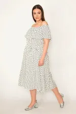 KADIN KEMİK PUAN DESEN YAKASI LASTİK VE VOLAN DETAYLI ETEĞİ KATLI DOKUMA VİSKON KUMAŞ ELBİSE