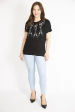 Kadın Siyah Büyük Beden Bisiklet Yaka Taş Detaylı Düşük Kollu Bluz