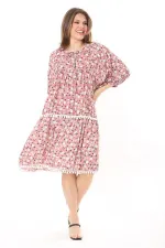 Kadın Büyük Beden Pembe Ön Patı Düğmeli Göğüs Büzgü Ve Ponpon Detaylı Elbise 65N37870