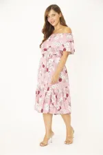 Kadın Büyük Beden Pembe Dokuma Viskon Kumaş Yakası Lastik Ve Volan Detaylı Elbise 65N36783