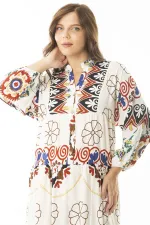 Kadın Büyük Beden Saks Dokuma Viskon Kumaş Ön Yarım Düğmeli Uzun Kollu Elbise 65N36886