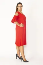 Kadın Haki Omuz Dekolteli Göğüs Büzgü Ve Kol Volan Detaylı Viskon Elbise 65N27447