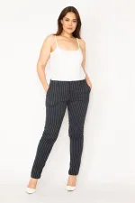 KADIN LACİVERT ÇİZGİLİ YAN VE ARKA FLETO CEPLİ KLASİK PANTOLON