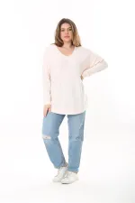 Kadın Büyük Beden Pudra V Yakalı Kendinden Çizgili Uzun Kollu Tunik 65N37527