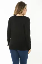 Kadın Büyük Beden Saks V Yakalı Taş Detaylı Uzun Kollu Bluz 65N37153