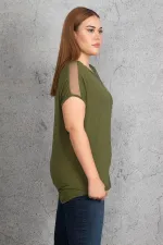 Kadın Haki Yaka Ve Kolları Tül Detaylı Viskon Bluz 65N24290