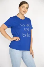 Kadın Saks Büyük Beden Lak Baskılı Bluz