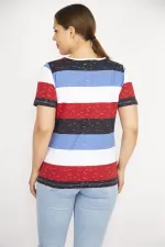 Kadın Renkli Büyük Beden Pamuklu Kumaş V Yakalı Kısa Kollu Bluz