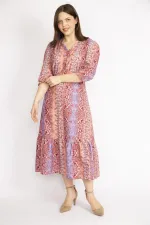 WOMEN'S COLORFUL COLLAR DRESS WITH FRILLED FRONT PLACE, ORNAMENTAL BUTTONS, WAIST AND ARM EMBROIDERY DETAILED