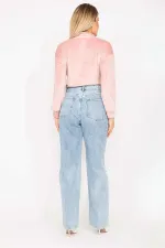 Kadın Büyük Beden Mavi Yıkama Efektli Yırtık Detaylı Yüksek Bel Kot Pantolon 65N37274