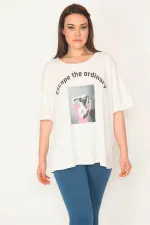 KADIN KEMİK RAHAT KESİM BİSİKLET YAKA ÖN BASKILI BLUZ