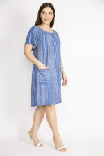 Kadın Mavi Büyük Beden Yakası Lastik Detaylı Ön Cepli Elbise
