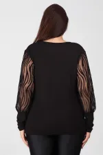 Kadın Siyah Kollari Tül Flok Bluz 65N12468