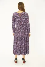 Kadın Büyük Beden Lila Öpücük Yaka Katlı Uzun Kollu Elbise 65N36913