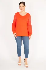 Kadın Nar Büyük Beden Kolları Tül Dantel Detaylı Tunik