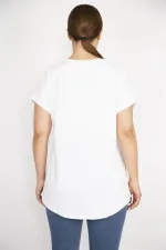 Kadın Beyaz Büyük Beden Pamuk Kumaş Robası Tül Aplike Uzun Bluz