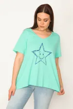 KADIN YEŞİL TAŞ BASKILI V YAKALI BLUZ