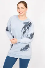 Kadın Mavi Büyük Beden Payet Detaylı Sweatshirt