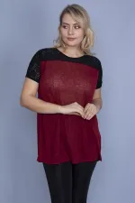 Kadın Bordo Roba Dantel Detaylı Düşük Kollu Bluz 65N25838