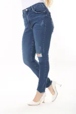 Kadın Büyük Beden Lacivert Yüksek Bel Yırtık Detaylı Skınny Kot Pantolon 65N38030