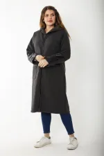 Kadın Büyük Beden Füme Ön Fermuarlı Kapşonlu Astarsız Suni Deri Garnili Kaban 65N37179