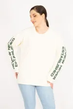 Kadın Bej Büyük Beden Kol Baskılı Sweatshirt