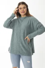 Kadın Büyük Beden Yeşil Yün Viskon Kumaş Sıfır Yakalı Yan Yırtmaçlı Tunik 65N37019