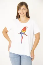 Kadın Büyük Beden Beyaz Pamuk Kumaş Ön Baskılı Bluz 65N36938