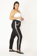 Kadın Siyah Süs Cep Ve Yanları Lak Baskı Beli Lastikli Dalgıç Kumaş Likralı Pantolon 65N27814