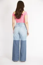 Kadın Mavi Büyük Beden Renk Detaylı Geniş Paça Kot Pantolon