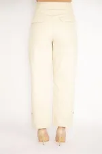 Kadın İndigo Ön Cepli Paçası Düğme İle Duble Paça Boy Ayarlı Gabardin Kumaş Pantolon 65N34888