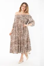 Kadın Büyük Beden Renkli Yaka Lastikli Dokuma Viskon Kumaş Katlı Elbise 65N37349