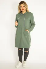 Women's Green Hooded Kangaroo Pocket Long Sweatshirt 65N35070