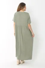 Kadın Büyük Beden Haki Bel Büzgülü Kısa Kollu Uzun Elbise 65N37757