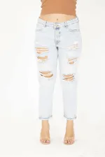 Kadın Büyük Beden Mavi Yırtık Detaylı 5 Cep Kot Pantolon 65N36812