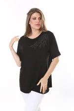 Kadın Büyük Beden Siyah Taş Detaylı Bluz 65N37802