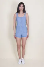 Kadın Mavi Denim Kumaş Düğme Ve Cep Detaylı Askılı Tulum