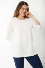 Kadın Büyük Beden Kemik Pamuklu Kumaş Pile Detaylı Kapri Kollu Bluz 65N37225