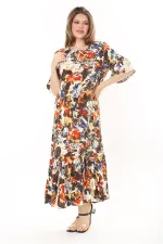 Kadın Büyük Beden Mavi Dokuma Viskon Kumaş Eteği Katlı Kısa Kollu Elbise 65N37868