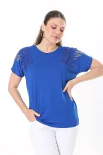Kadın Büyük Beden Saks Angels Taş Detaylı Kısa Kollu Bluz 65N37675
