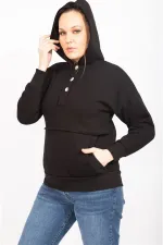 Kadın Siyah İçi Şardonlu 2 İplik Kumaş Ön Pat Düğmeli Kanguru Cep Ve Kapşonlu Sweatshirt 65N35462