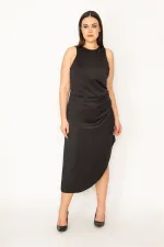 WOMEN'S BLACK DRESS WITH ASYMMETRIC WAIST PLEATED SKIRT AND HIDDEN ZIPPER AT THE BACK