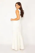 Kadın Kemik Üst Kısmı Ve Arka Yırtmacı Dantel Detaylı Krep Kumaş Uzun Abiye Elbise 65N34153