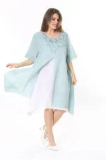 Kadın Büyük Beden Yeşil Yaka Dantelli İki Parça Elbise 65N37784