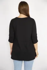 Kadın Siyah Büyük Beden Taş İşli V Yaka Kolu Lastik Büzgülü Bluz